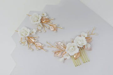 Baroque Style Ceramic White flower Bridal Earring & Hair piece, Bridal Hair Accessories, Wedding Hair Accessory.